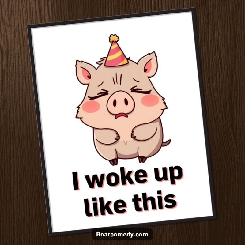 Funny Free Printable Wall Art: Sleepy boar character yawning comically, wearing a tiny party hat tilted hilariously.
