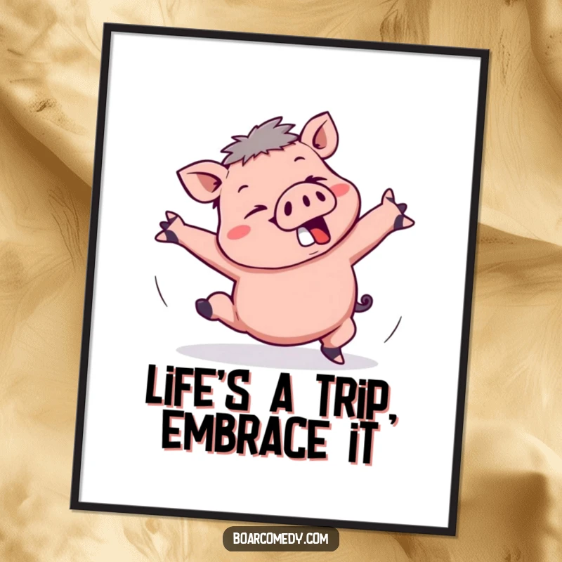 Funny Free Printable Kawaii Boar captured mid-trip, flailing arms comically, perfect for humorous wall art.
