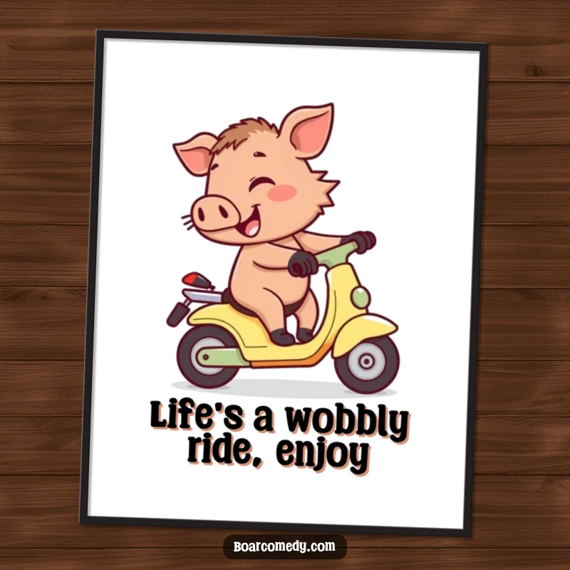 Funny Free Printable Wall Art: A cheerful boar hilariously attempting to ride a tiny, wobbly scooter.