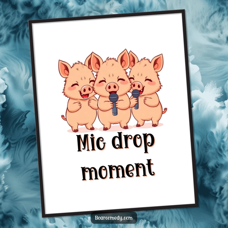Funny Free Printable Wall Art: A group of three adorable boars joyfully giggling while holding tiny microphones.