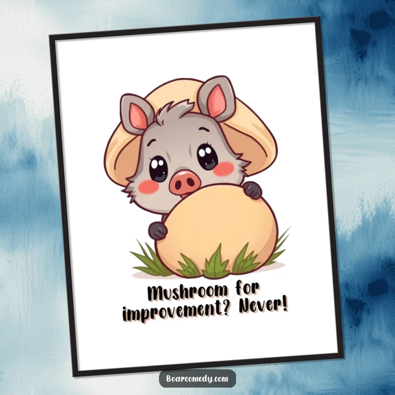 Funny Free Printable Wall Art: Kawaii boar peeking from a mushroom, a whimsical and charming downloadable decor piece.