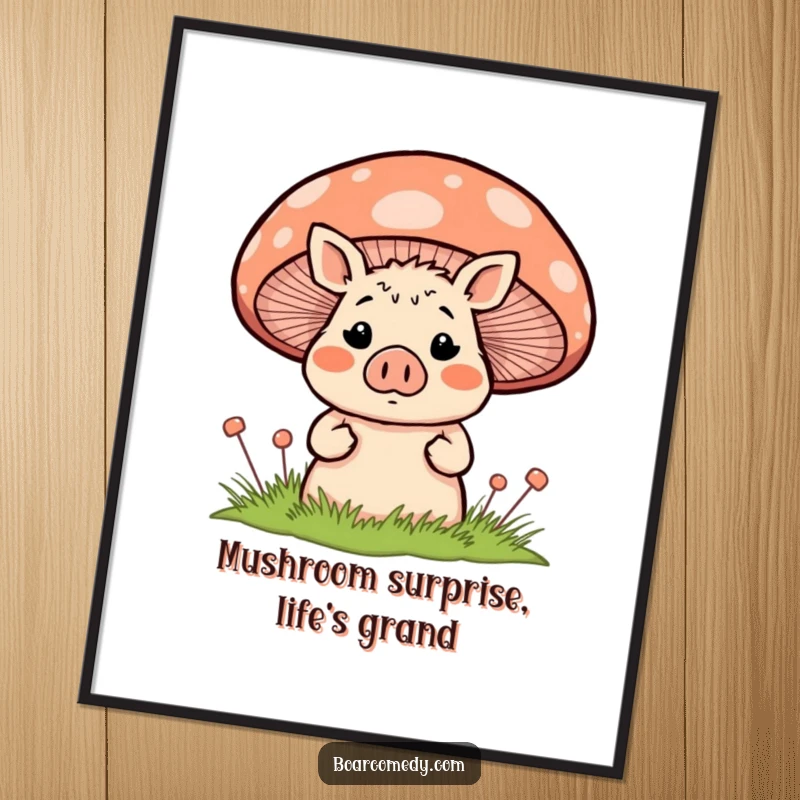 Funny Free Printable Wall Art: A surprised boar peeking shyly from behind a large, striped mushroom.