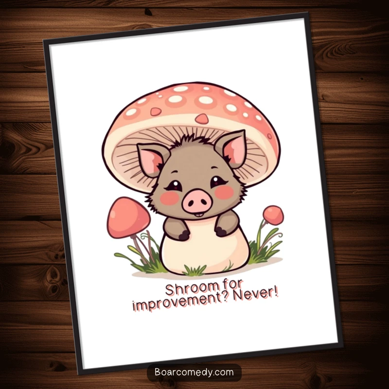 Funny Free Printable Kawaii Boar peeking playfully from behind a big mushroom, creating whimsical and funny wall art.