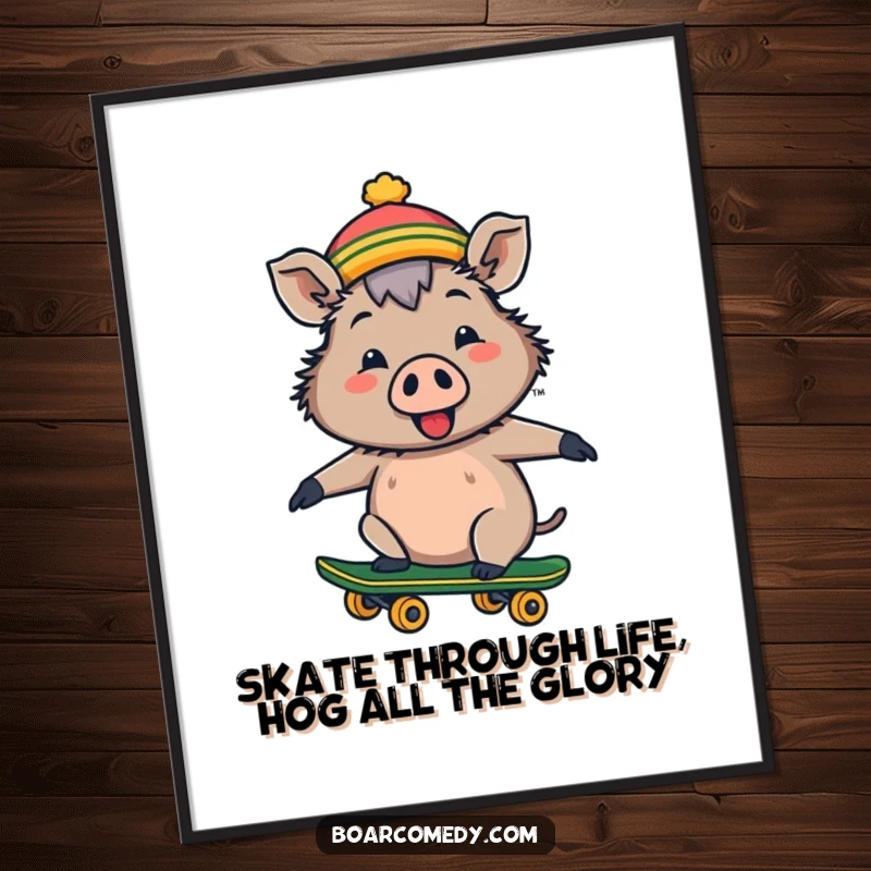 Funny Free Printable Wall Art: A cheerful boar in a tiny hat riding a skateboard, energetic and humorous downloadable art.