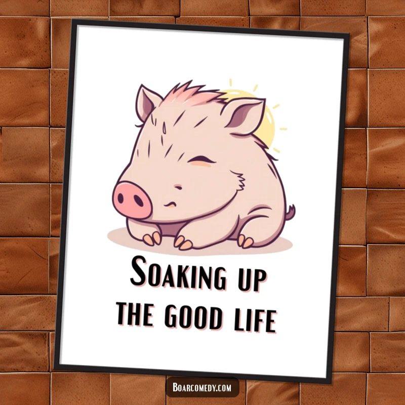 Funny Free Printable Wall Art: Cute kawaii boar sighing happily while napping peacefully in a bright, warm sunbeam, radiating comfort.