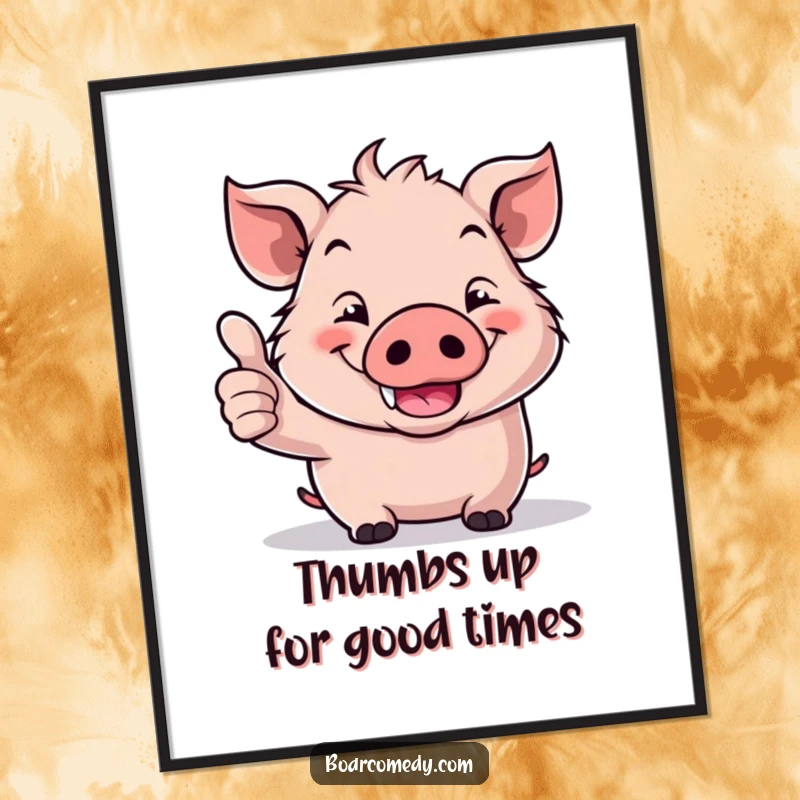 Funny Free Printable Kawaii Boar giving a cheerful thumbs up, smiling widely, perfect for funny DIY wall decor.