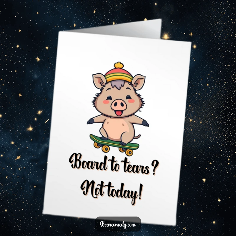 Funny Free Printable Birthday Card: A cheerful kawaii boar wearing a tiny hat, joyfully riding a skateboard, a fun design.