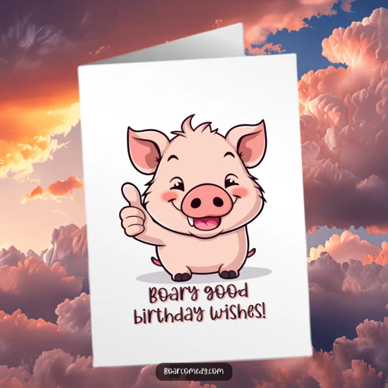 Funny Free Printable Kawaii Boar Thumbs Up Birthday Card, grinning widely and giving a cheerful thumbs up gesture.