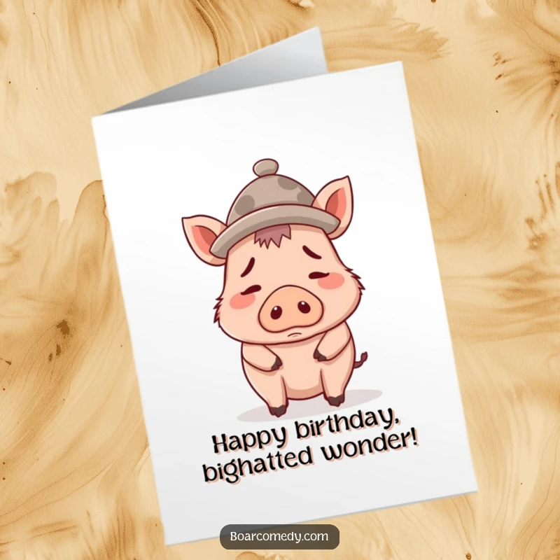 Funny Free Printable Birthday Card: Confused boar looking quizzical wearing a tiny hat that comically overwhelms its head.