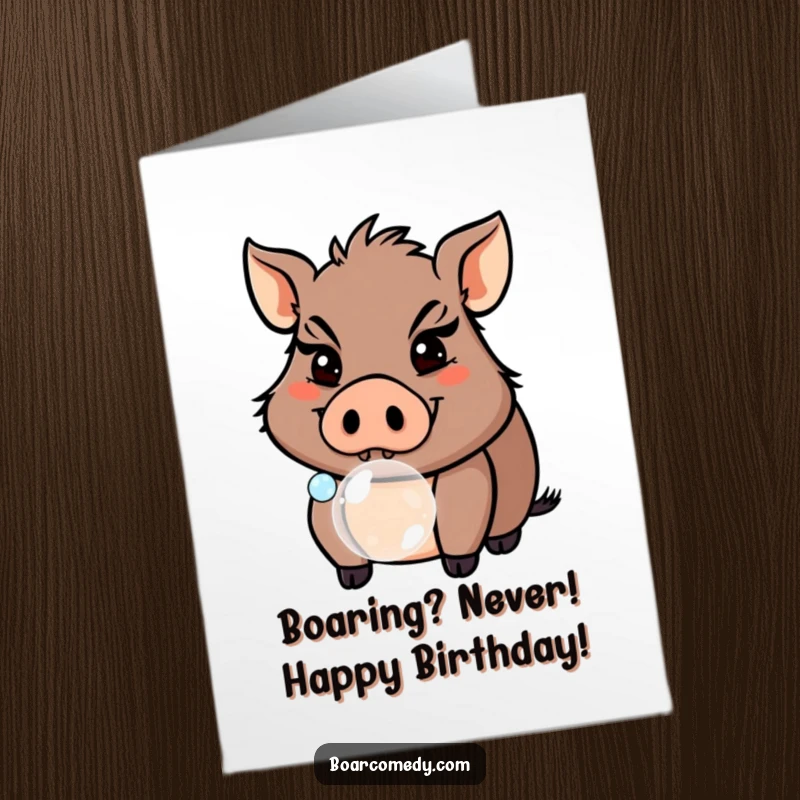 Funny Free Printable Birthday Card: Mischievous boar with a grin blowing a tiny bubble, ready to celebrate with humor.