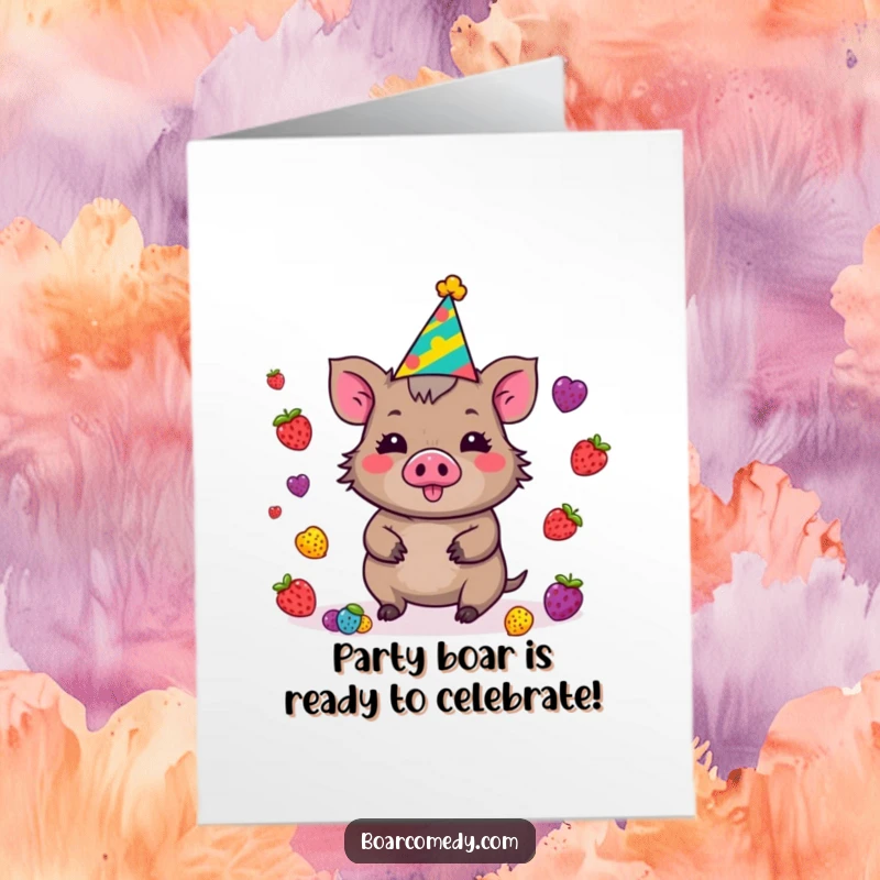 Funny Free Printable Birthday Card: Kawaii boar in party hat, joyfully juggling bright berries, a hilarious downloadable gift.