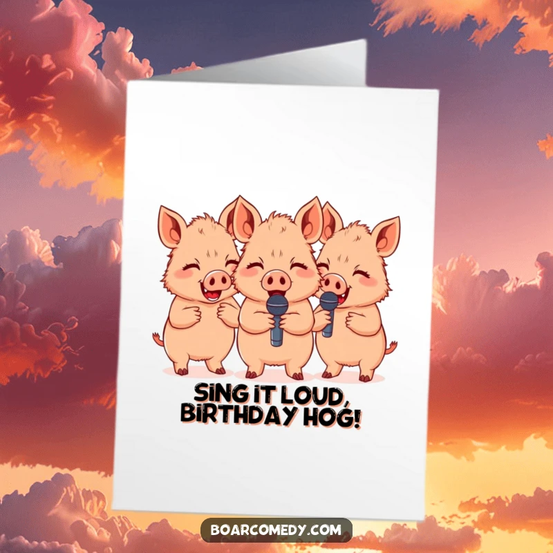 Funny Free Printable Birthday Card: Three cute boars giggling gleefully while holding tiny microphones, ready to perform.