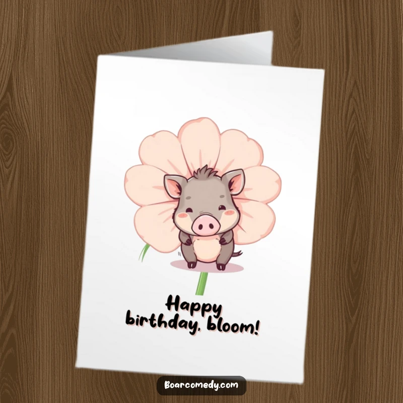 Funny Free Printable Birthday Card: Little boar peeking from behind a large, cartoonish flower with a curious smile.