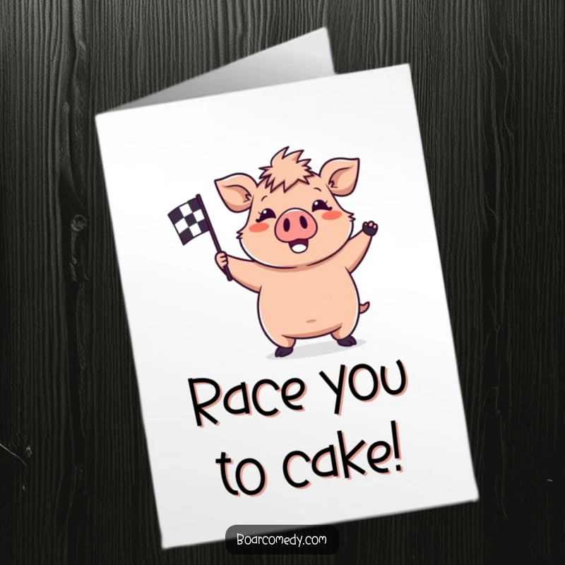 Funny Free Printable Birthday Card: Happy kawaii boar enthusiastically waving a checkered flag, celebrating a race win with pure joy.
