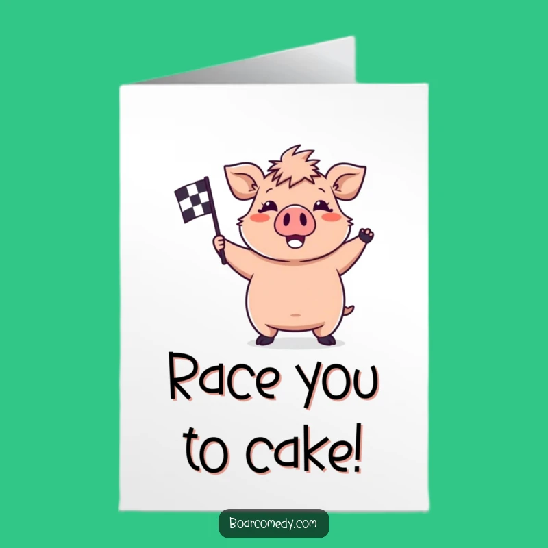Free Printable Birthday Card: Racing Kawaii Boar Checkered Flag Downloadable Gift