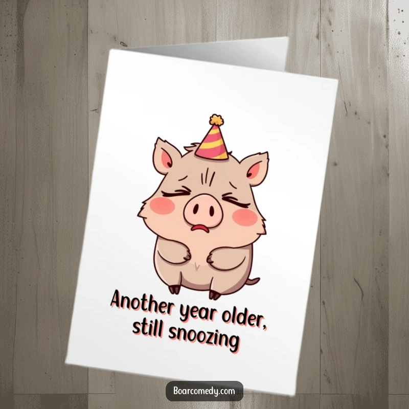 Funny Free Printable Birthday Card: Sleepy boar character comically yawning widely, wearing a tiny party hat tilted sideways.