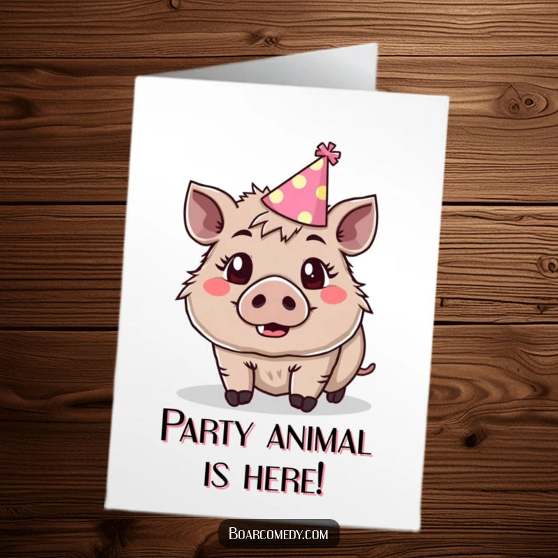 Funny Free Printable Birthday Card: Cute boar with party hat, eyes wide with surprise and joy, ready to celebrate.