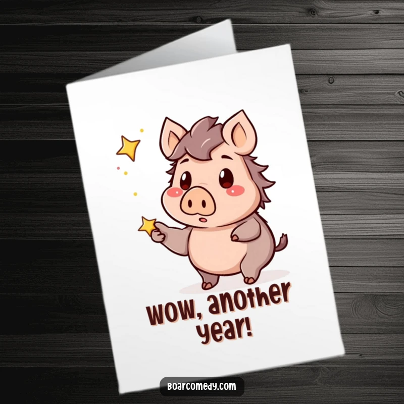 Funny Free Printable Birthday Card: Cute kawaii boar with a surprised look, pointing excitedly at a bright, twinkling star in the night sky.