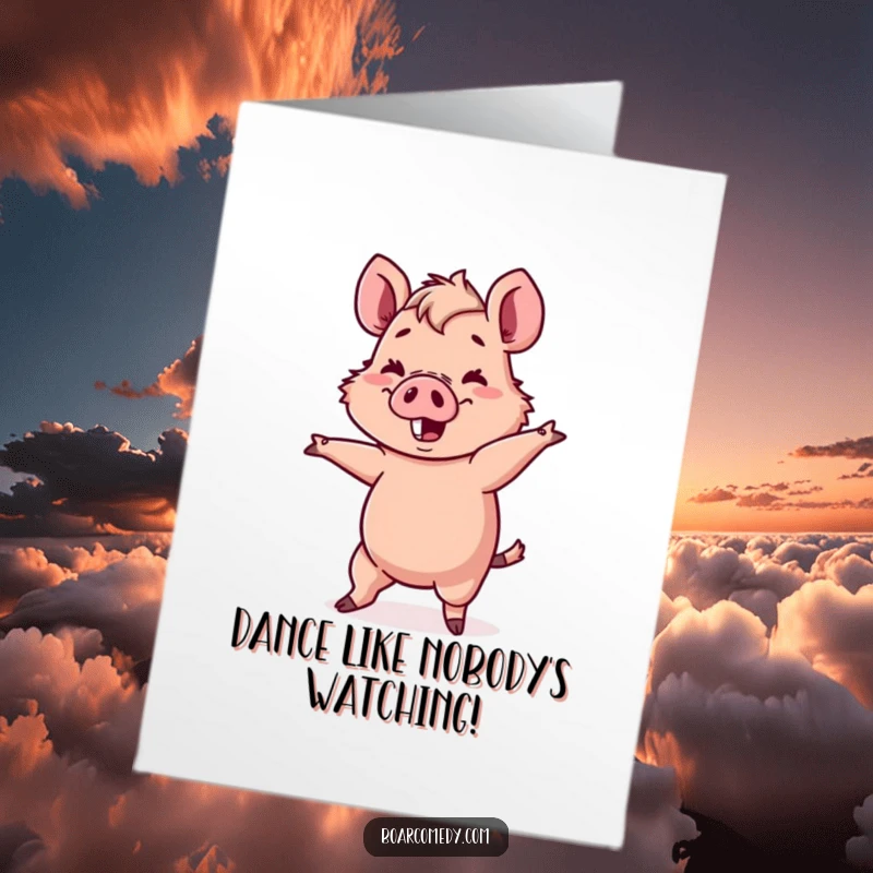 Funny Free Printable Birthday Card: Kawaii boar character attempting a comical, wobbly dance move with a smile.