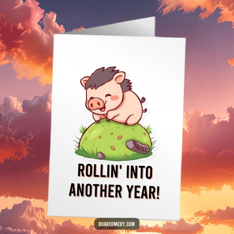 Funny Free Printable birthday card showing a round boar happily rolling down a green hill, spreading cheer and laughter.