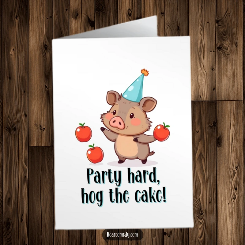 Funny Free Printable Birthday Card: A cute boar in a party hat, joyfully juggling three apples for a festive celebration.