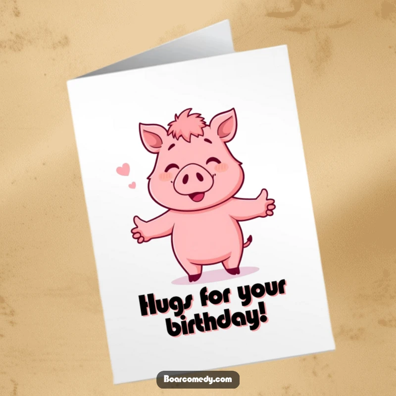 Funny Free Printable Birthday Card: A smiling pink boar with arms outstretched, reaching for an invisible hug.