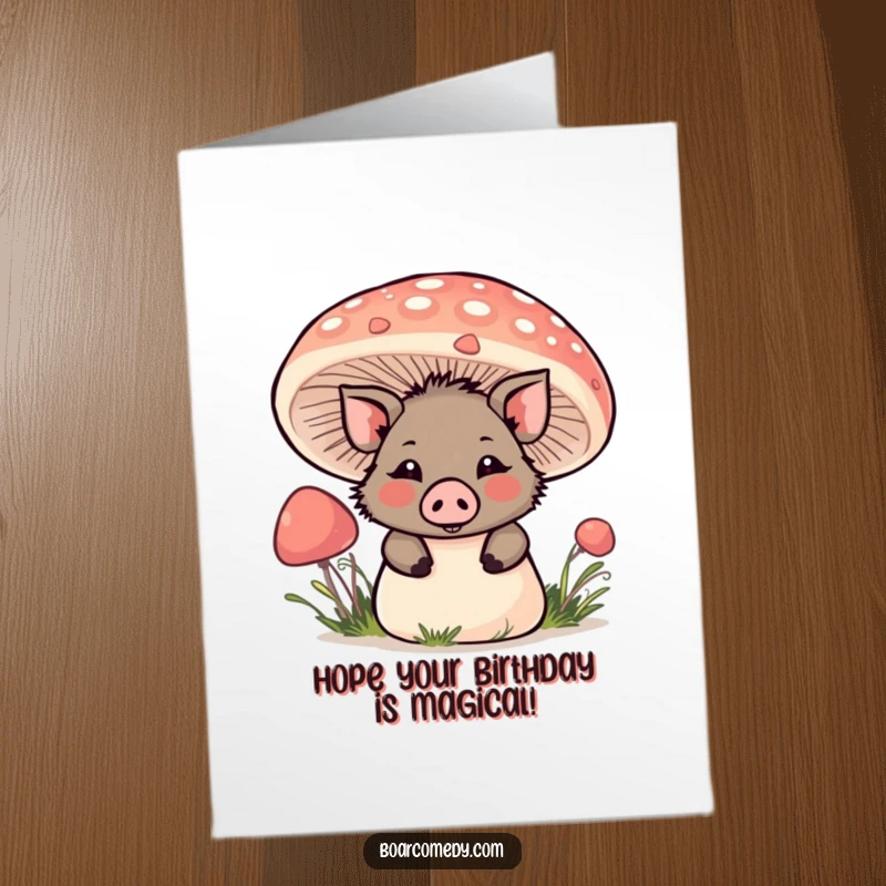 Funny Free Printable Kawaii Boar playfully peeking from behind a large, colorful mushroom for a birthday card.
