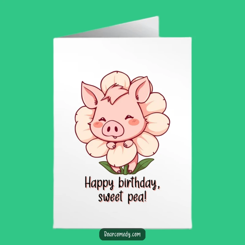 Free Printable Shy Boar Birthday Card: Flower Peek, Hilarious Downloadable Gift
