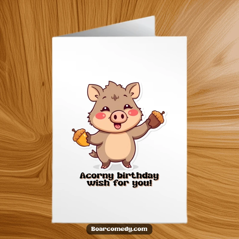 Funny Free Printable Birthday Card: A kawaii boar comically juggling three colorful acorns, perfect for a laugh.