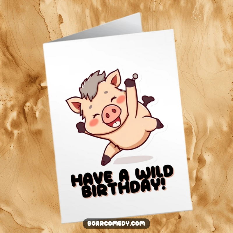 Funny Free Printable Birthday Card: Smiling boar character tumbling head over heels in a playful manner, celebrating big.