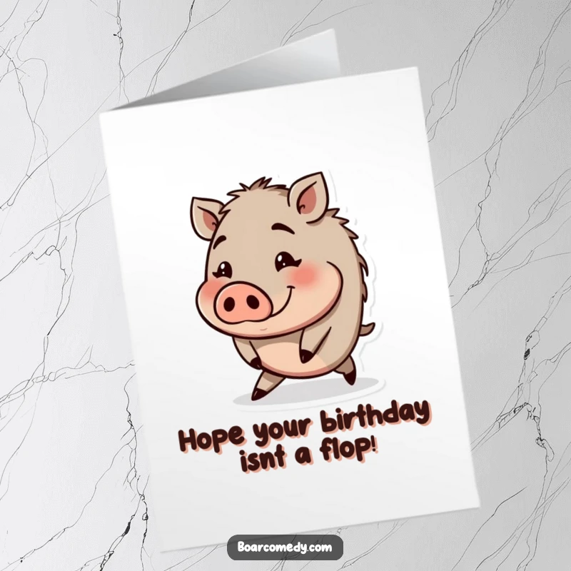 Funny Free Printable Birthday Card: A small, round boar character with a funny expression, tripping slightly, adorably clumsy.