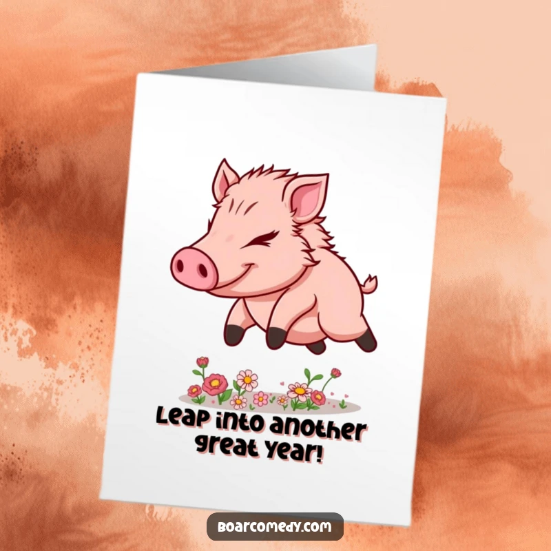 Funny Free Printable Birthday Card: Determined kawaii boar leaping over flowers, a dynamic downloadable gift for birthdays.