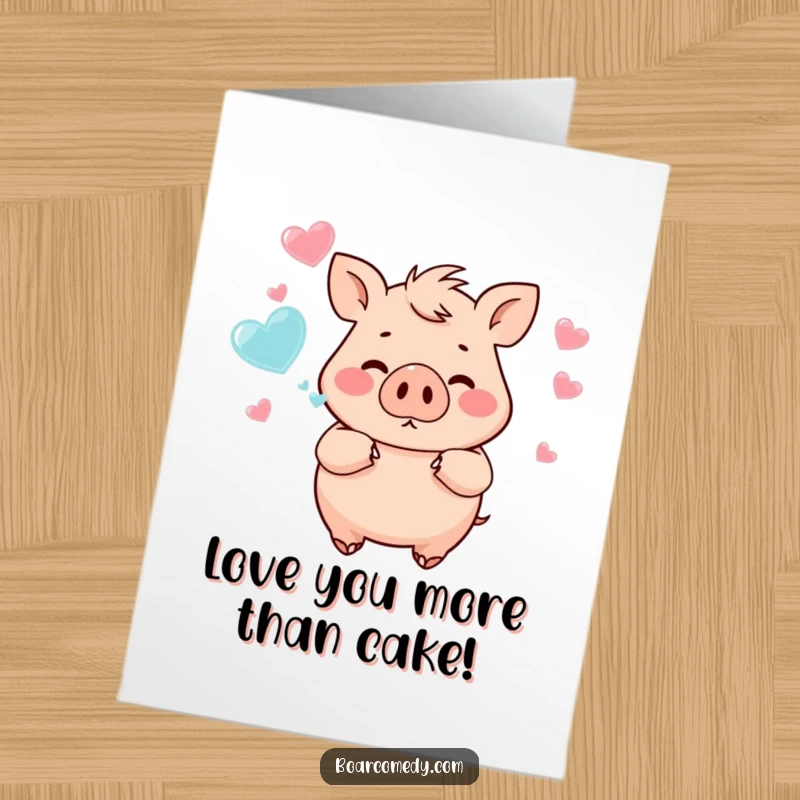 Funny Free Printable Birthday Card: Chubby boar joyfully blowing heart-shaped bubbles, a delightful DIY greeting.