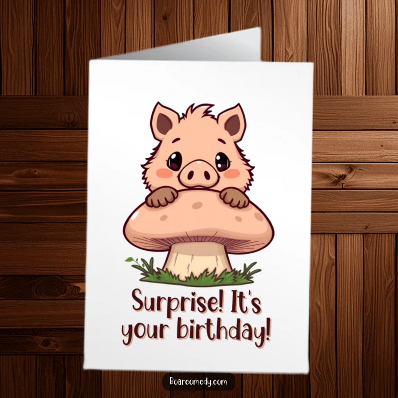 Funny Free Printable birthday card featuring a mischievous boar peeking over a giant mushroom with wide, curious eyes.