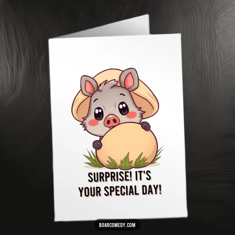 Funny Free Printable Birthday Card: Kawaii boar peeking from behind a mushroom, a cute and surprising downloadable gift.