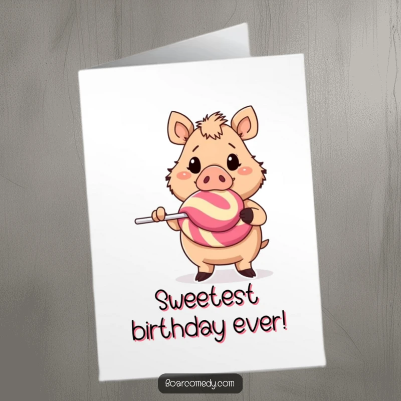 Funny Free Printable Birthday Card: Cheerful boar happily clutching a comically oversized, brightly colored lollipop.