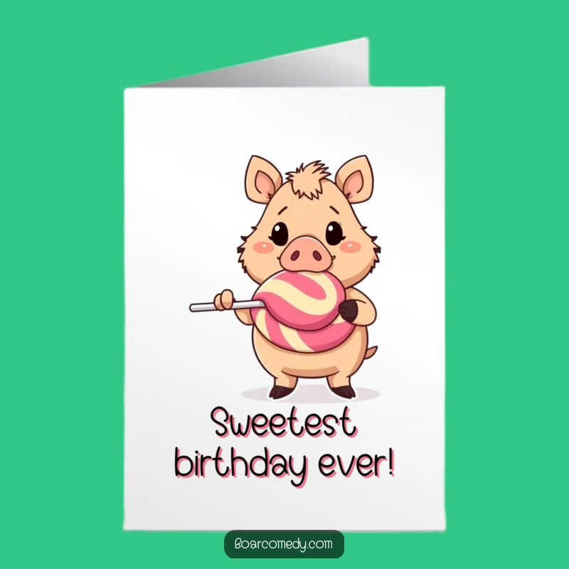 Free Printable Birthday Card: Cheerful Boar with Giant Lollipop Funny Downloadable Gift