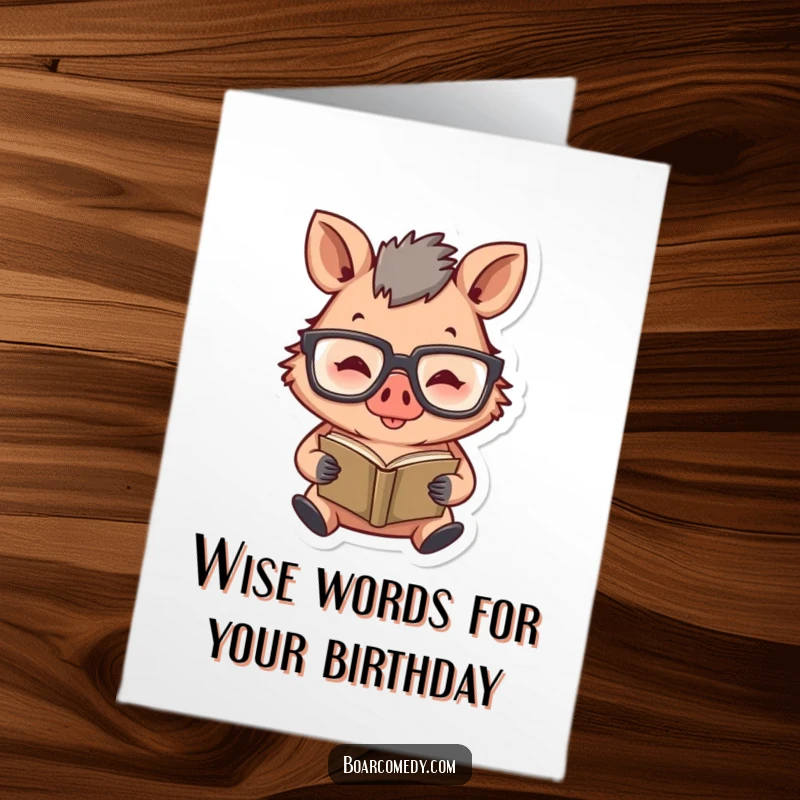 Funny Free Printable Birthday Card: Happy boar character wearing oversized glasses, engrossed in reading a tiny book.