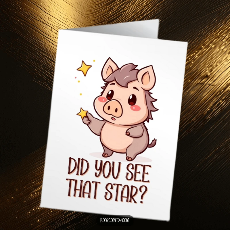 Funny Free Printable Congratulations Card: Cute kawaii boar looking surprised, pointing at a dazzling, twinkling star, celebrating an achievement.