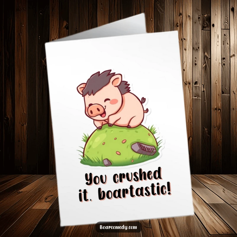 Funny Free Printable congratulations card with a boar rolling downhill, conveying excitement and cheerful congratulations.
