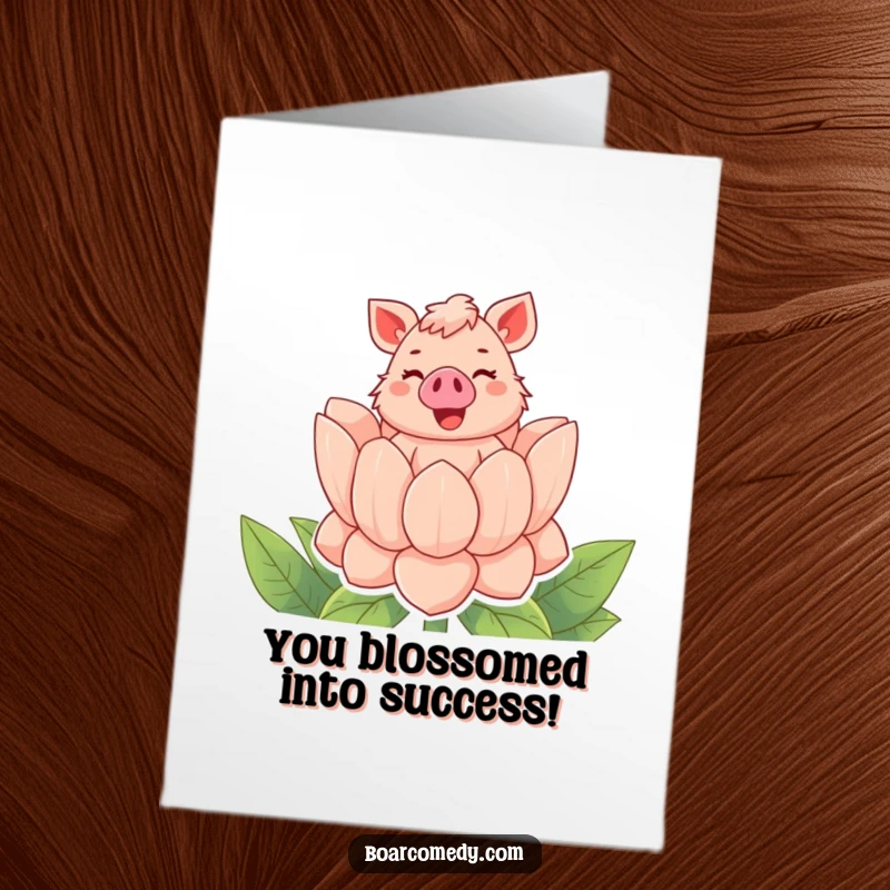 Funny Free Printable Congratulations Card: A joyful boar character bursts out of a huge flower with an excited squeal.