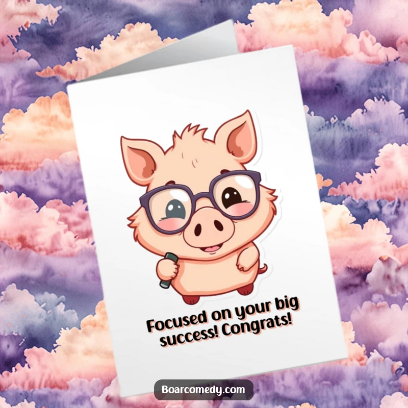 Funny Free Printable Congrats Card: A boar in oversized glasses holds a magnifying glass, humorously investigating their success.