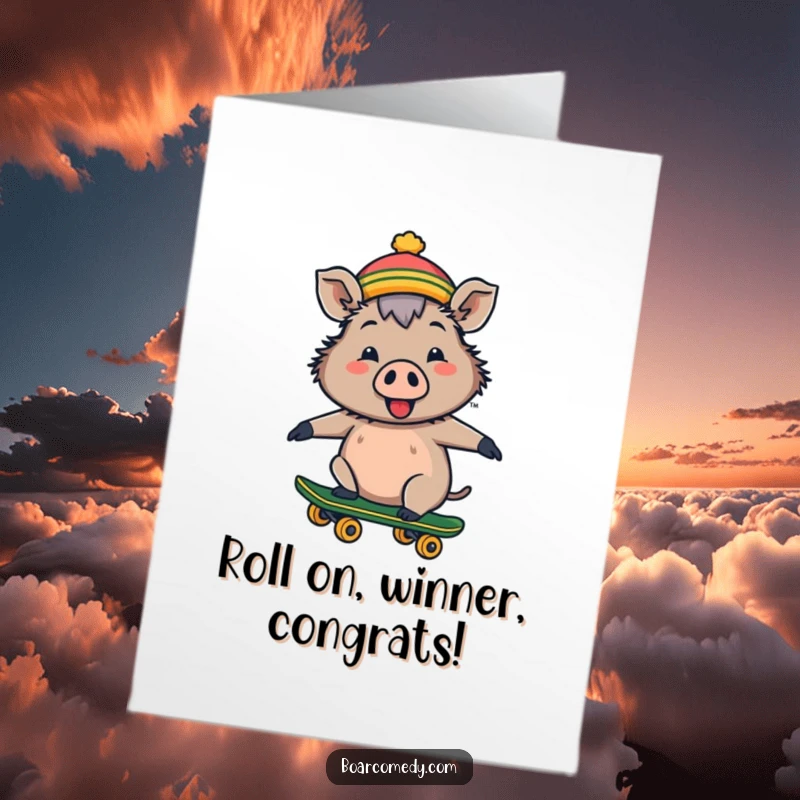 Funny Free Printable Congrats Card: A happy boar in a tiny hat riding a skateboard, celebrating a cool achievement.