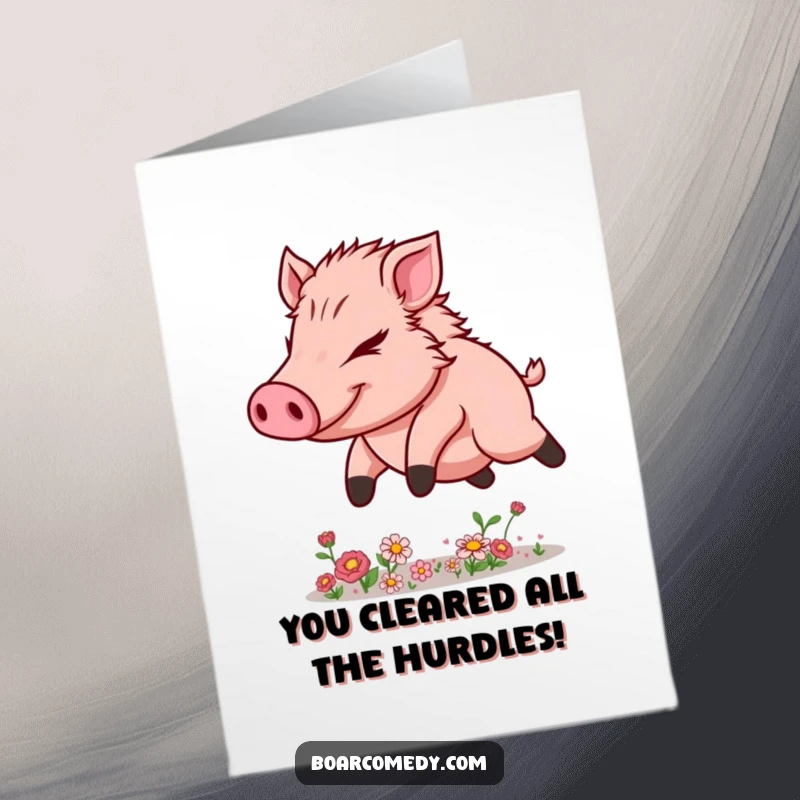 Funny Free Printable Congrats Card: Determined kawaii boar leaping flowers, a triumphant downloadable gift for achievements.