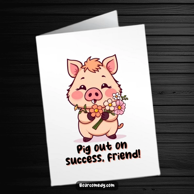 Funny Free Printable Congratulations Card showcasing a bashful boar character presenting a lovely flower arrangement.