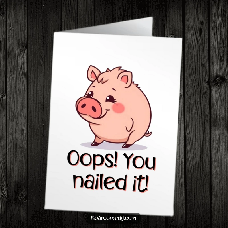 Funny Free Printable Congratulations Card: A small, round boar with a funny face, tripping slightly but celebrating a big achievement.