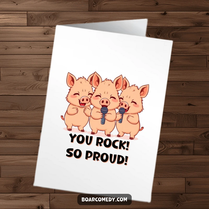 Funny Free Printable Congratulations Card: A trio of cute boars caught mid-giggle, microphones in hand, celebrating.