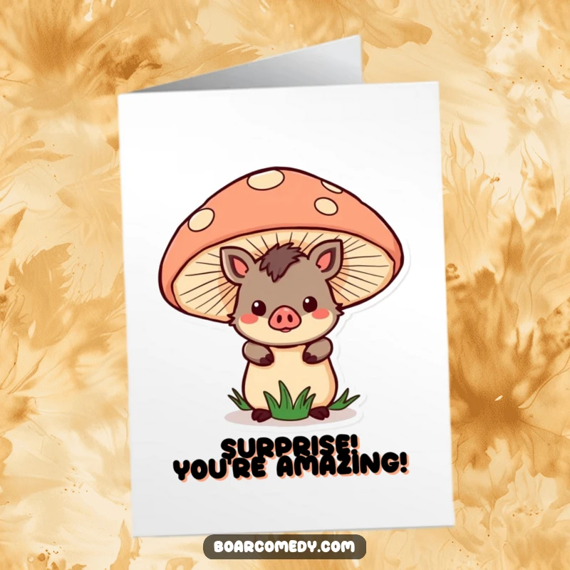 Funny Free Printable Congratulations Card: A kawaii boar peeking from behind a giant mushroom, celebrating a big, happy achievement.
