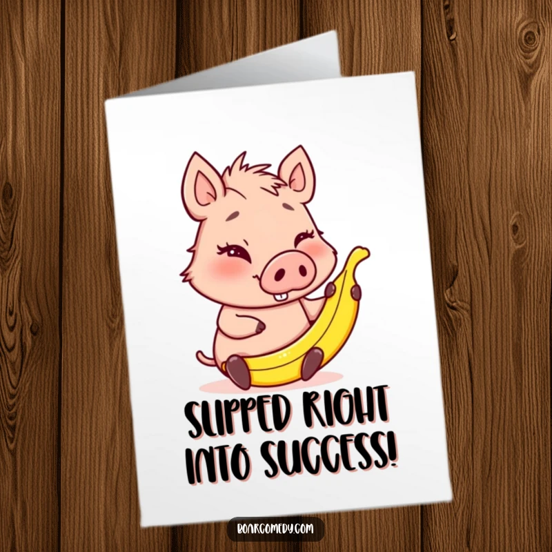 Funny Free Printable Congratulations Card: A winking boar holding a tiny banana peel, hinting at playful mischief.