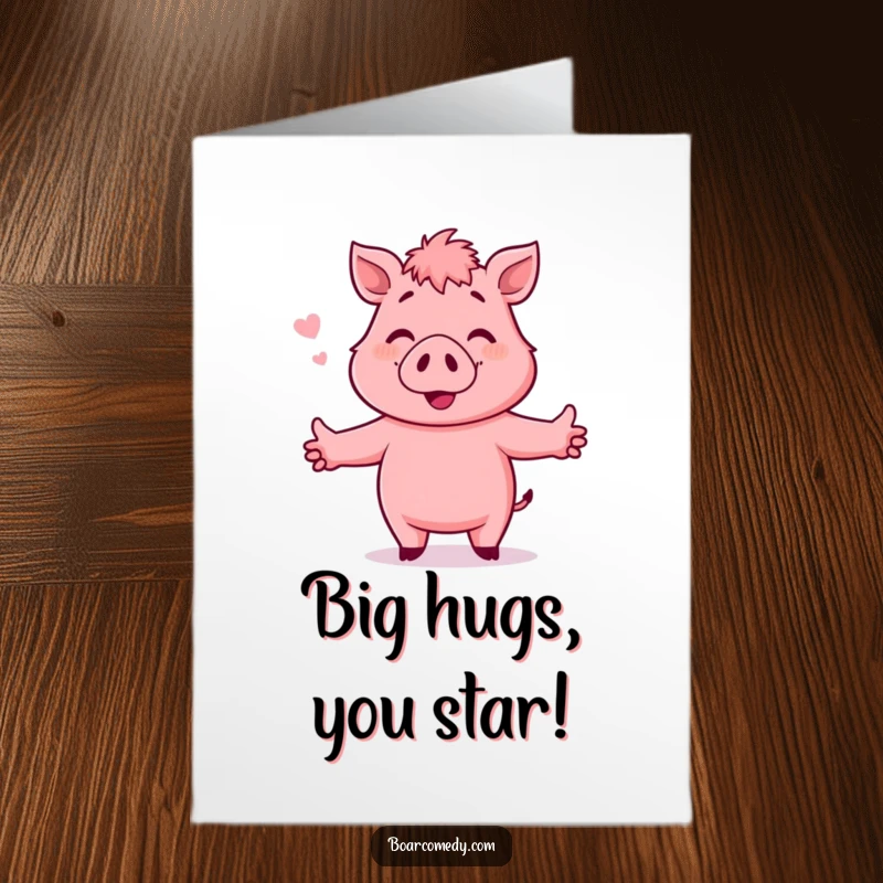 Funny Free Printable Congratulations Card: A pink boar smiles invitingly with arms outstretched for an invisible hug.